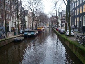 Canal in Amsterdam (note: the workshop was in Nijmegen, not Amsterdam. Also note: the dangers of parallel parking next to a canal. You'd be safer living in one of these houseboats!