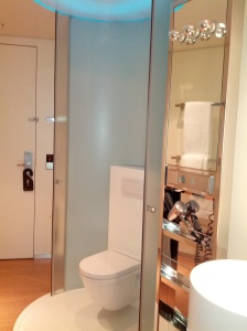 Toilet capsule in hotel room (with frosted glass rotating pane for some degree of privacy)